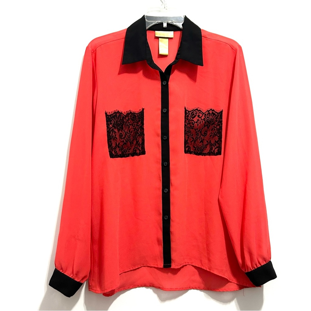 Miss Tina Women’s Vibrant Red and Black Lace Accent Shirt
